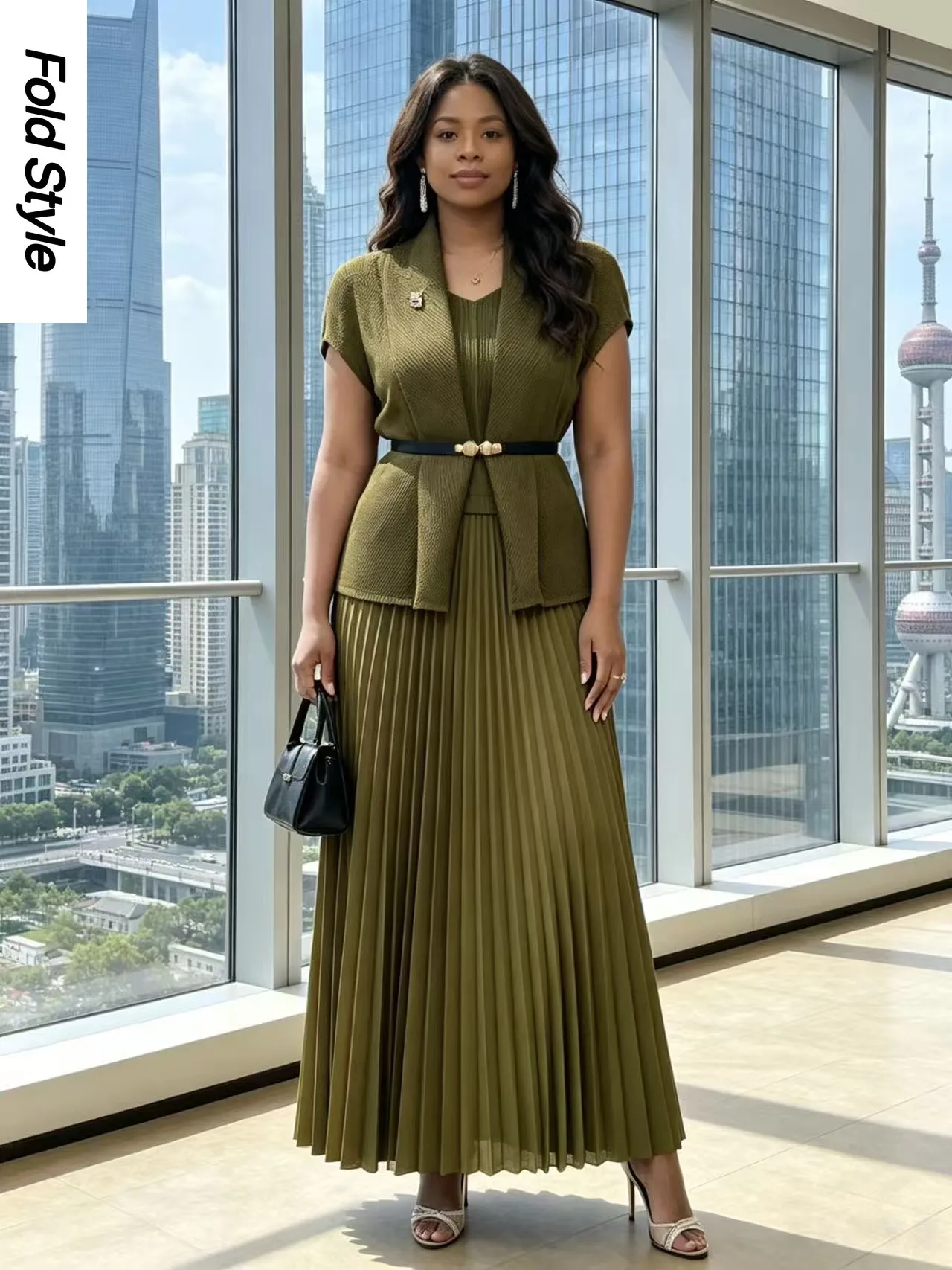 

2026 Miyake Folds New Fashion Temperament Suit Design Top Long Skirt Two-piece Dress Women's Clothing