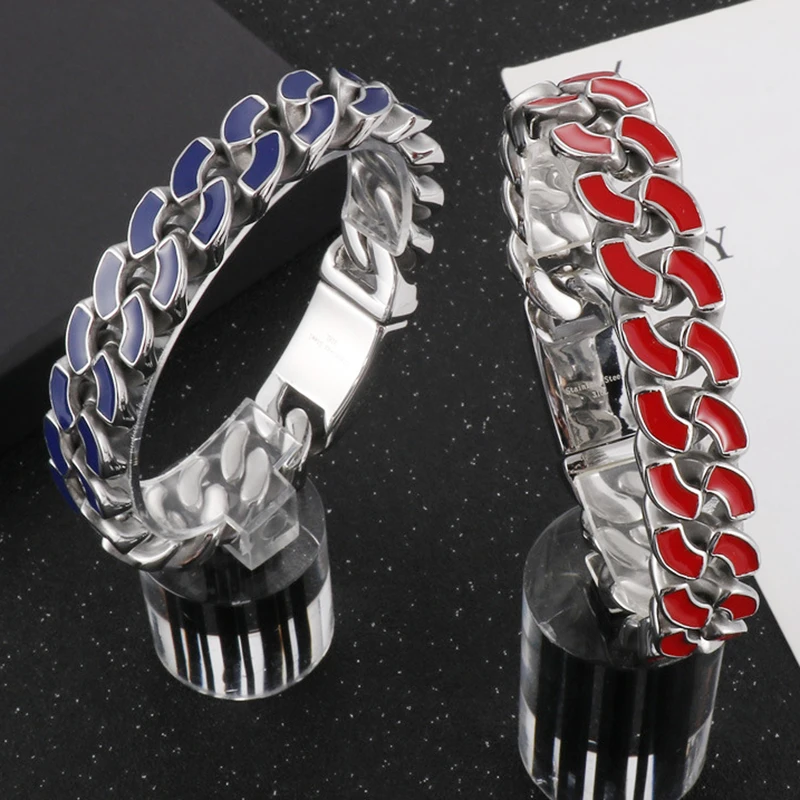 16mm Punk Hiphop Blue Red Color Dripping Oil Rap Rap Bracelet Men Stainless Steel Nightclub Party Curb Cuban Bangle Jewelry