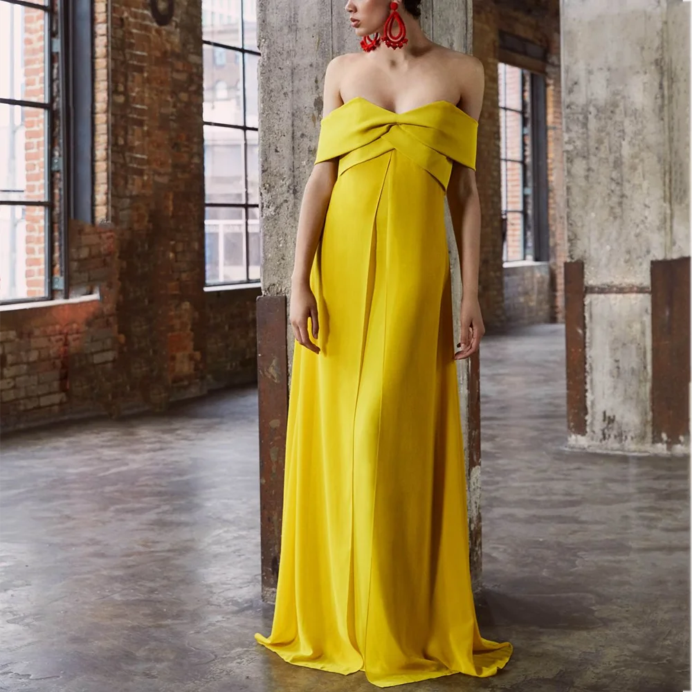 

Нежное желтое вечернее платье с открытыми плечами, элегантное женское специальное вечернее платье трапециевидной формы, вечернее платье для выпускного вечера по индивидуальному заказу, современный стиль