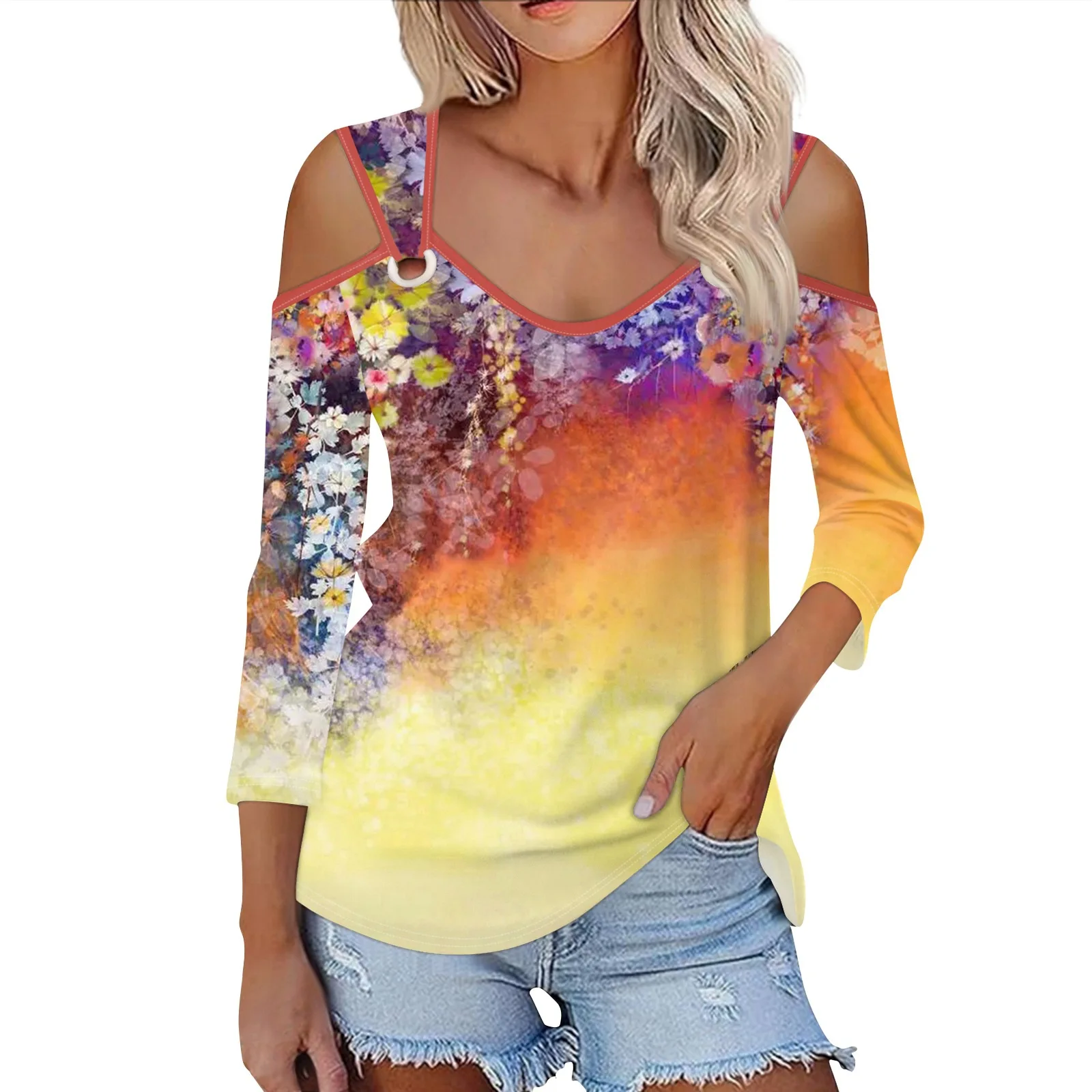 2024 Three Quarter Sleeve T-shirt Women Casual Hollow Out Tshirt Women's Gradient Print Tops Sexy Off Shoulder T Shirt Top Femme