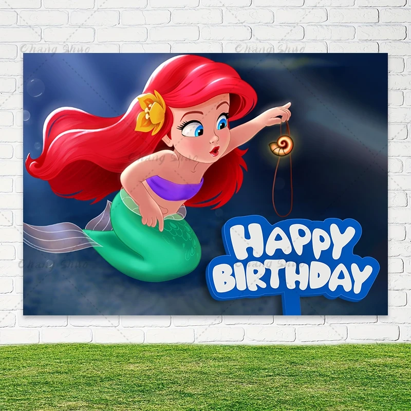 Disney Princess Ariel Backdrop Little Mermaid Girls Birthday Party Decoration Banner Baby Shower Vinyl Photography Background