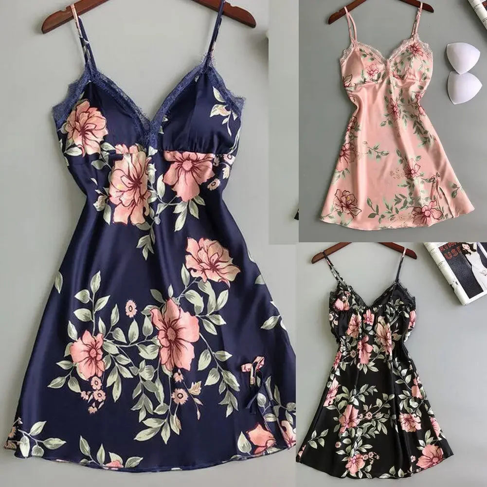 

Женская сексуальная одежда для сна, кружевное нижнее белье Babydoll с v-образным вырезом, шелковое ночное платье с цветочным принтом, рубашка с мягким бюстгальтером