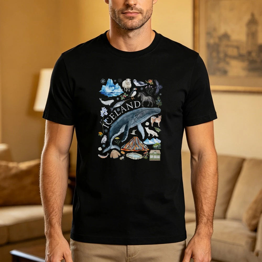 Iceland Wildlife Glacier Volcano Collage Graphic T Shirt Nordic Travel Souvenir Unisex Cotton Tshirt European Nature Casual Tops