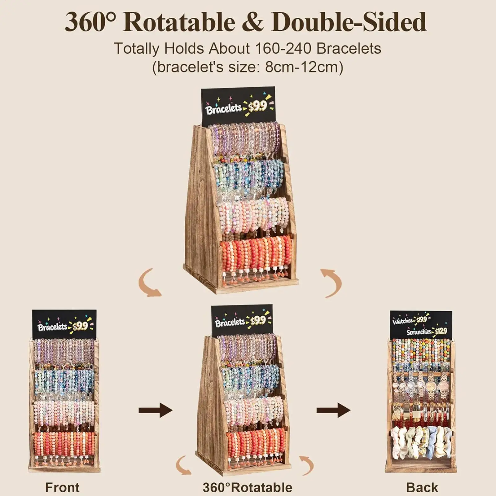 Bracelet Display Double-Sided Rotating 4 Tiers Organizer Stand Wooden Jewelry Holder With Chalkboard For Home Vanity Dresser