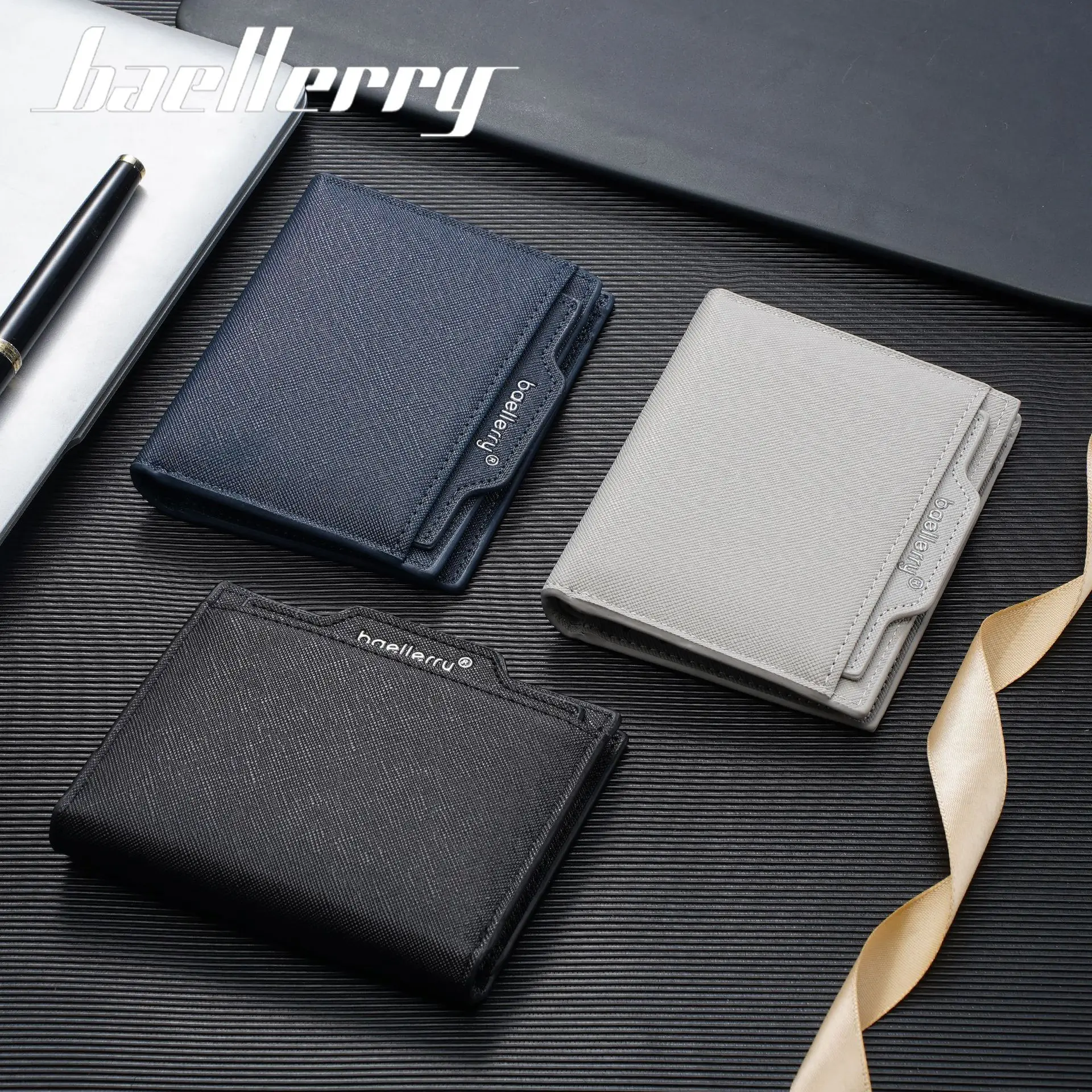 Baellerry Slim Bifold Men Wallet Cross Texture PU Leather Multi Card Slots Mini Credit Card Holder Portable Pocket Purse For Bus
