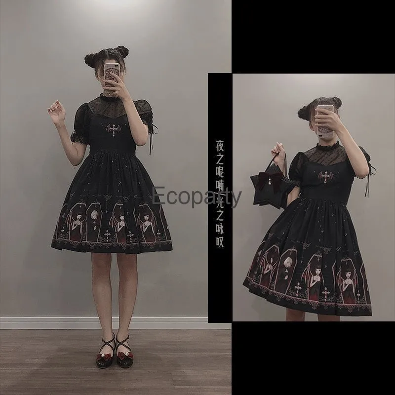 Vestido gótico con estampado de ángel para mujer, negro, japonés, Lolita, Jsk, Victoriano, tirantes, Sexy, Lolita, dulce, gótico, vendaje, nuevo