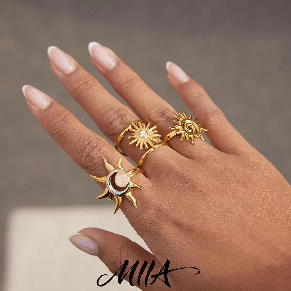 Miia Jewelry Two Tone Stainless Steel Celestial Sun Moon Eight Point Star Open Adjustable Wide Statement Ring For Women