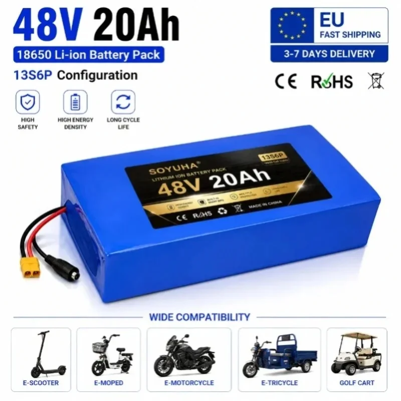 48V Akku 20Ah Lithium-Ionen-Akkupack 18650 Zellen 13S6P Smart BMS Wiederaufladbarer Akku für E-Bike Elektroroller Fahrrad Motorsteuerung XT60 Anschluss EU-Lager Schneller Versand