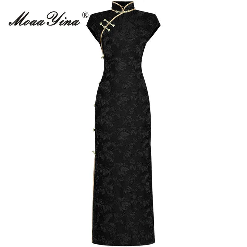 

MoaaYina Summer Fashion Designer Black Elegant Jacquard Dress Women's Stand Collar Pearl Button Package Buttocks Slit Long Dress