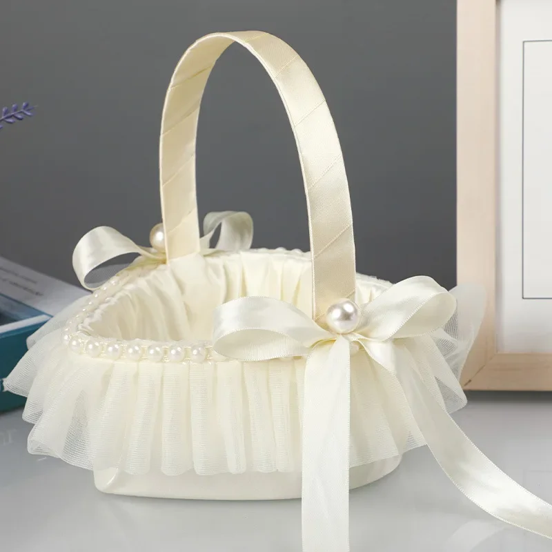 Wedding Flower Girl Basket Simple Lace Heart Shaped Baskets for Bridesmaid Candy Gift Basket Ceremony Bride Engagements