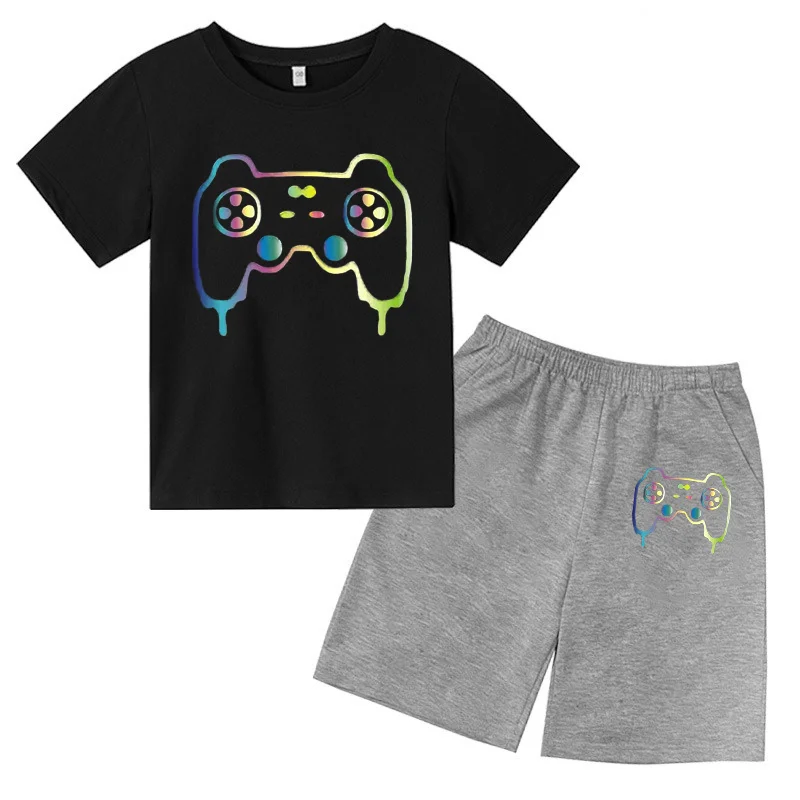 

GamePad Printed Summer Leisure Short Sleeve Clothing Round Neck T-shirt for Boys Girl+shorts Set Cotton Breathable