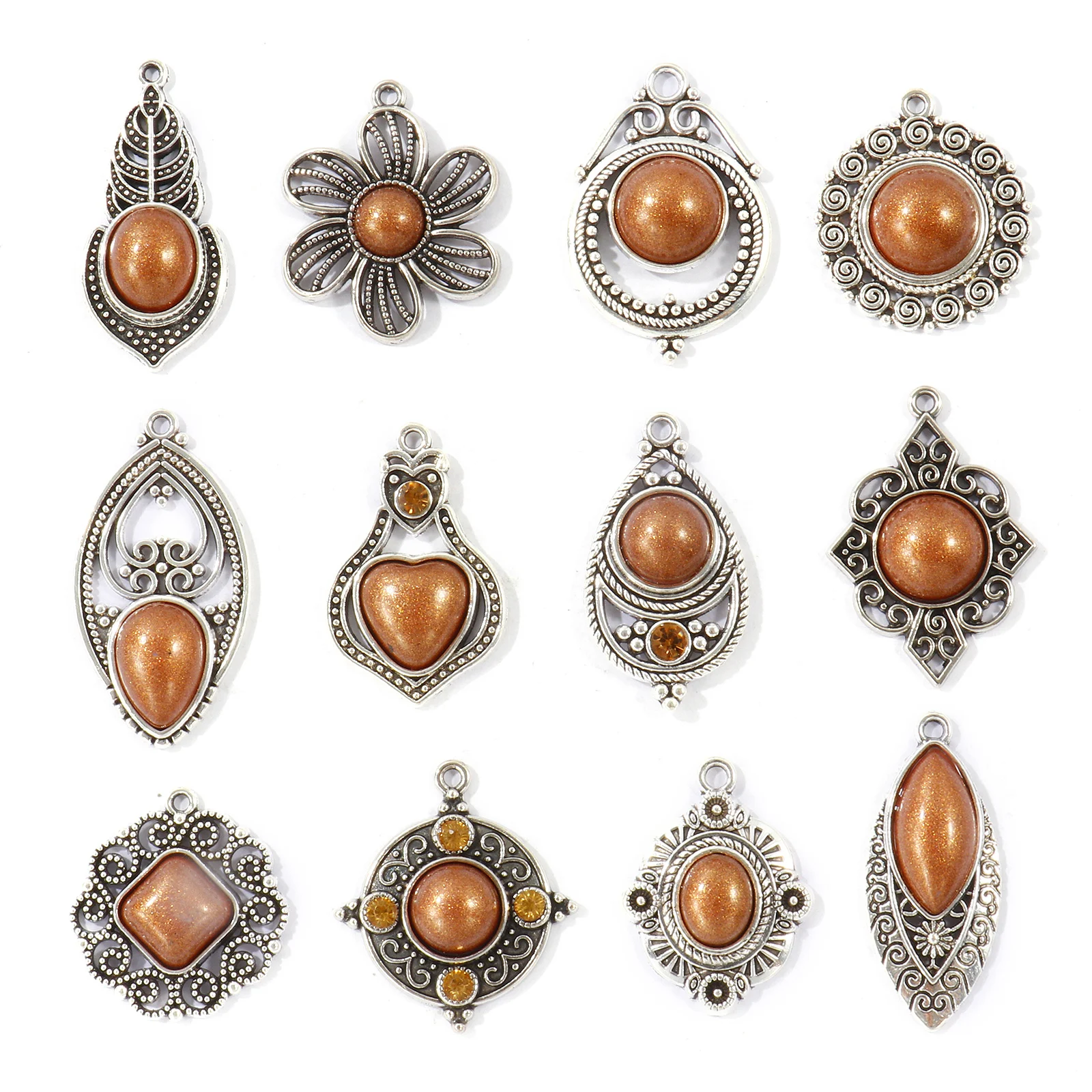 10Pcs Bohemian Charms Antique Silver Brown Pearlized Acrylic Zinc Alloy Geometric Pendants Women DIY Necklace Earring Jewelry
