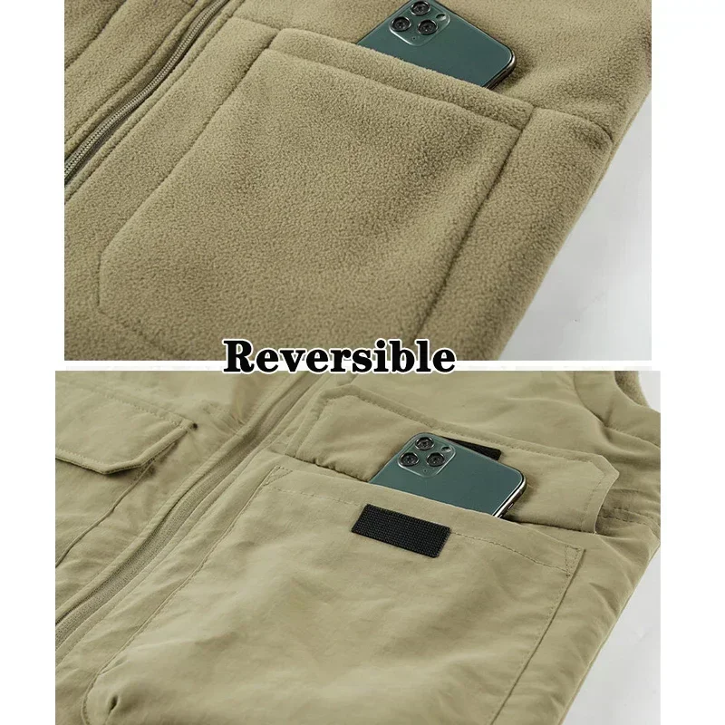 Двусторонняя куртка без рукавов, мужской жилет, пальто, зимний жилет, толстая теплая флисовая рабочая одежда, топы, жилет-карго, ветровка, новая мода