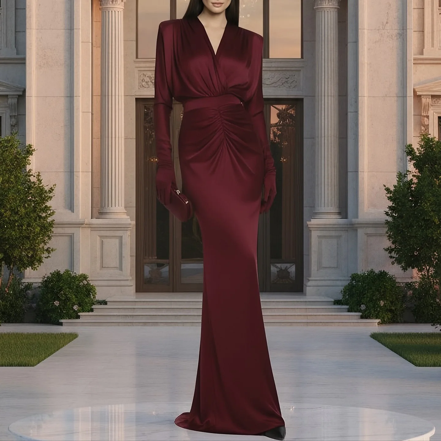 

FOLOBE Simple V-Neck Wine Red Wedding Dress Smooth Satin Mermaid Elegant Full Sleeves Bride Woman Wedding Dresses Customized