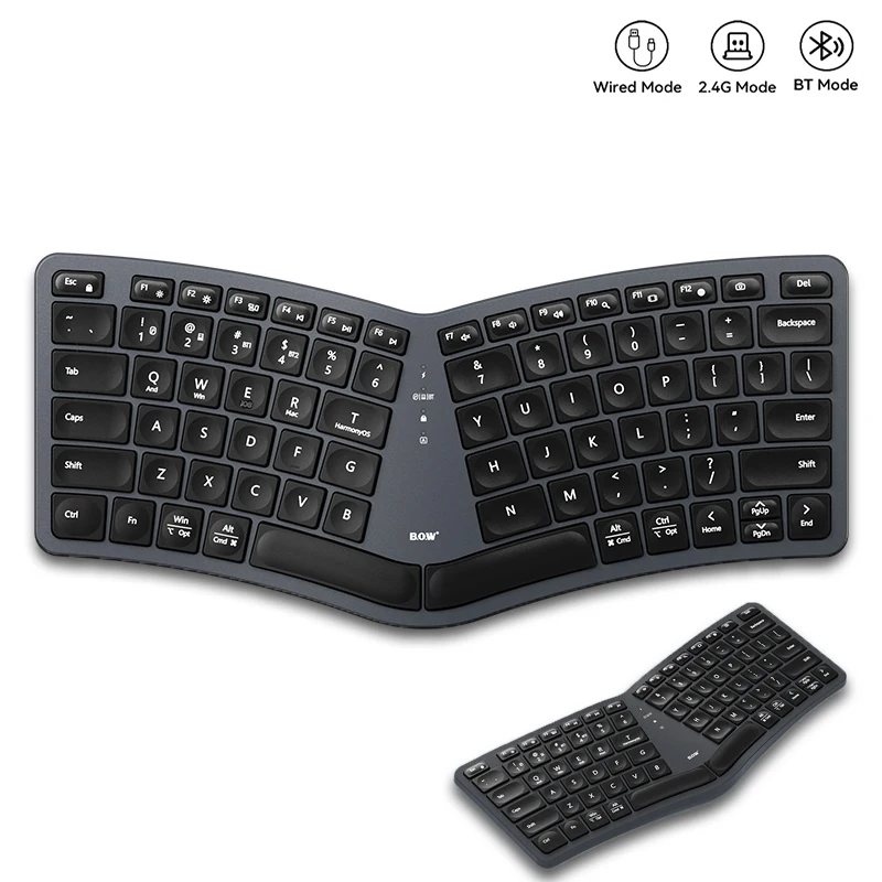 Ergonomic Bluetooth&2.4G&Wired Split Keyboard for Window,Mac OS,Rechargeable 80 Keys Wireless Computer Keyboard-Black/Grey