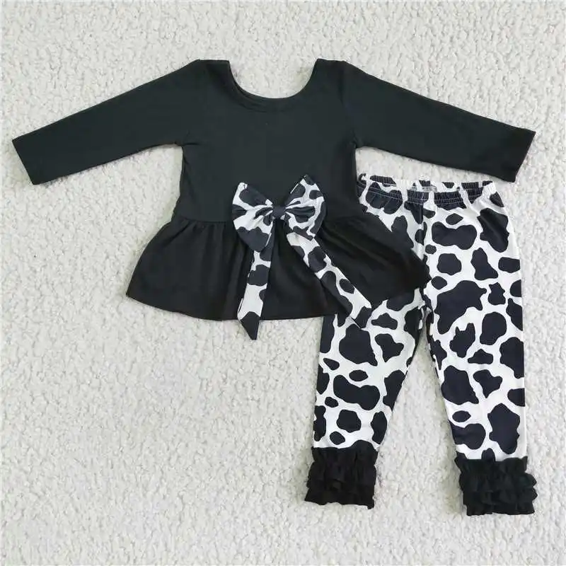 

New Summer Hot Sale Black Bow Top Dairy Jeans Baby Girls Wholesale Boutique Children Outfits Clothing Outfits