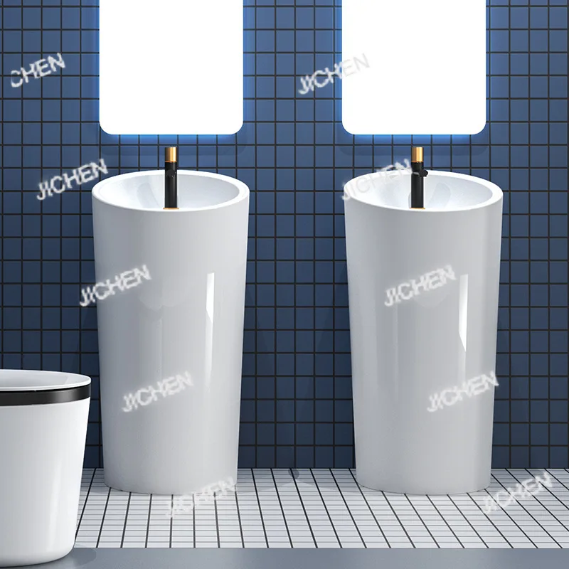 Lavabo de columna de cerámica Simple de una sola pieza, baño, piscina pequeña Vertical para lavar a mano, cara integrada de suelo a techo con balcón