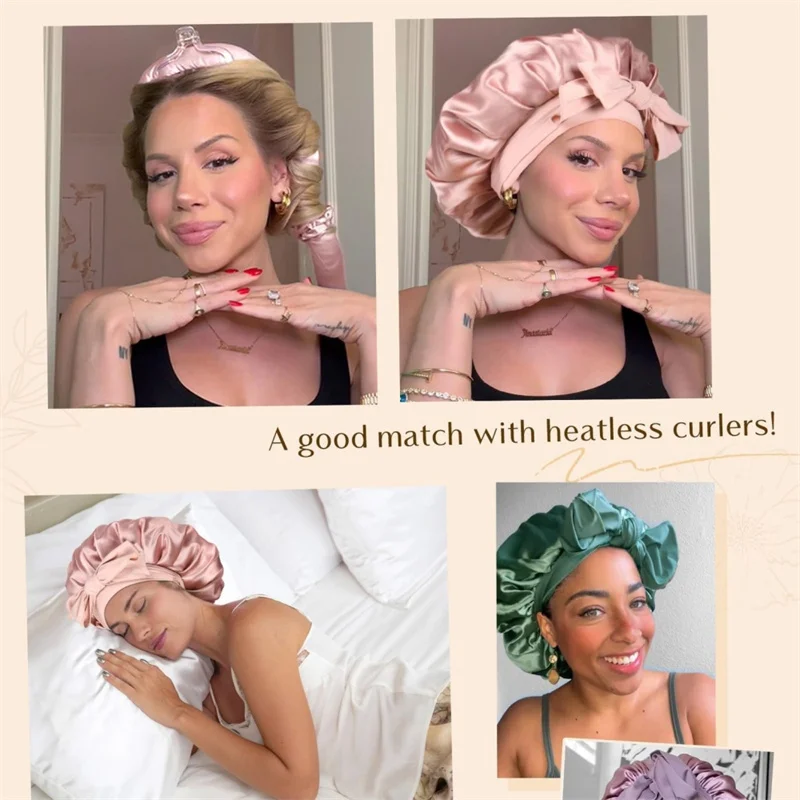 Women Sleeping Silk Bonnet With Tie Band Satin Bonnet Double Layer Satin Lined Hair Bonnet Curly Hair Sleeping Caps Night Cap