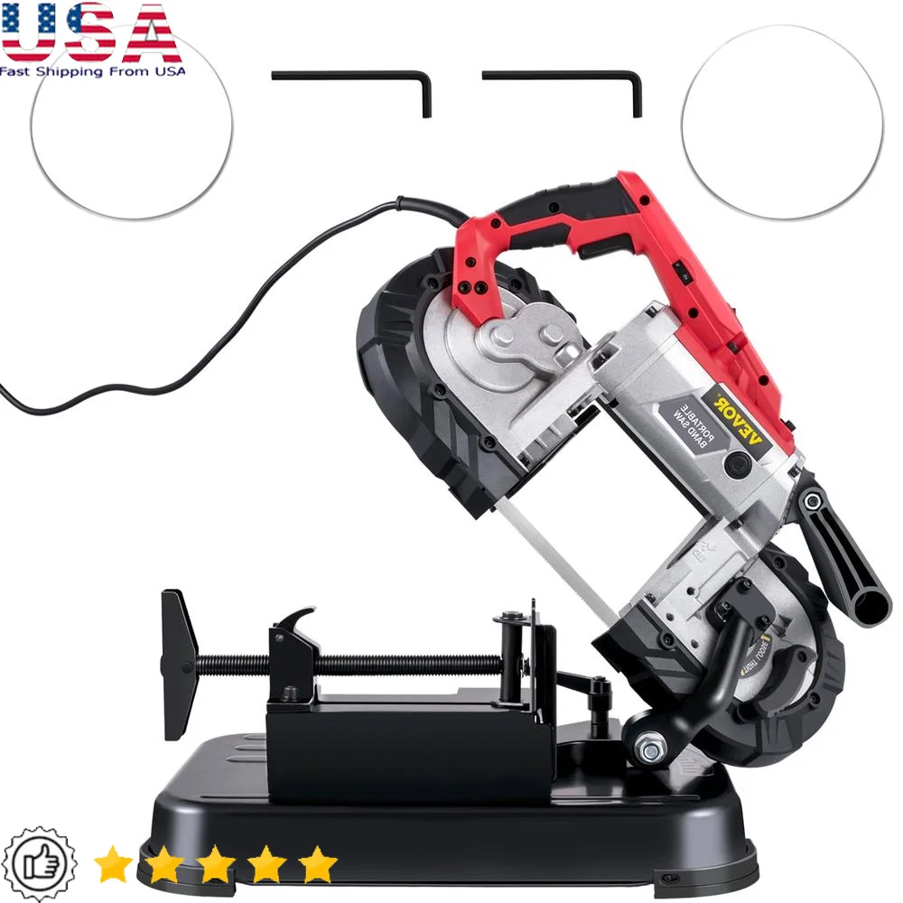 Portable Band Saw 110V Cordless 10Amp Variable Speed Handheld Metal Cutting Tool with Removable Alloy Base LED Light Ergonomic