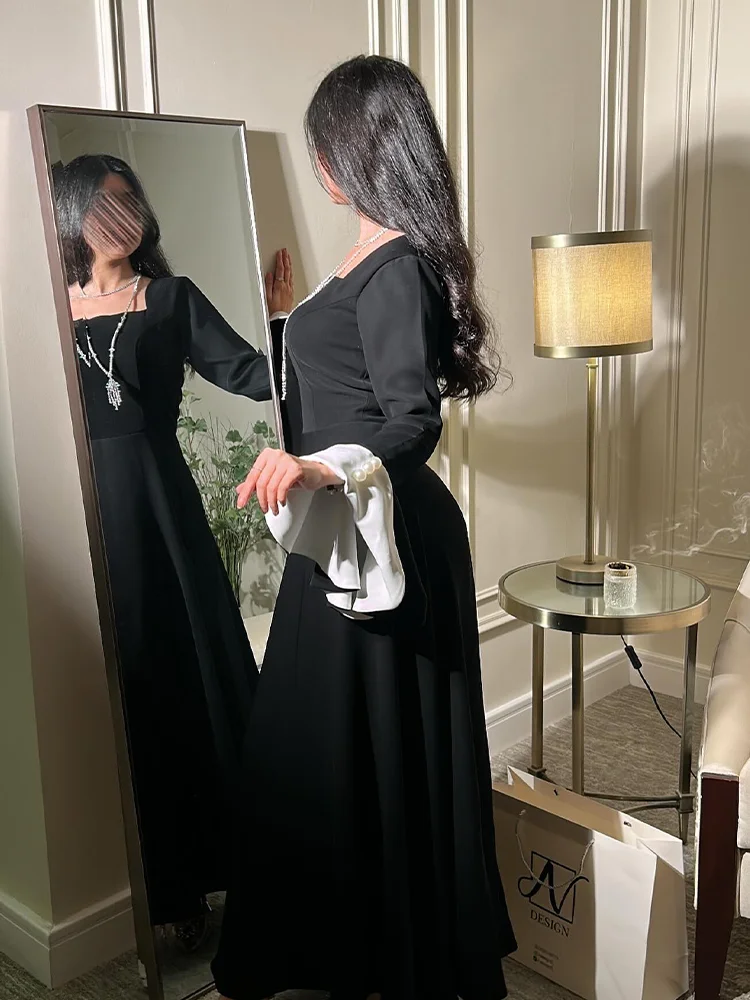 Jirocum Elegant Black Prom Dresses Women's Pearl Square Neck Party Evening Dress Long sleeved customized Formal Occasion Gowns