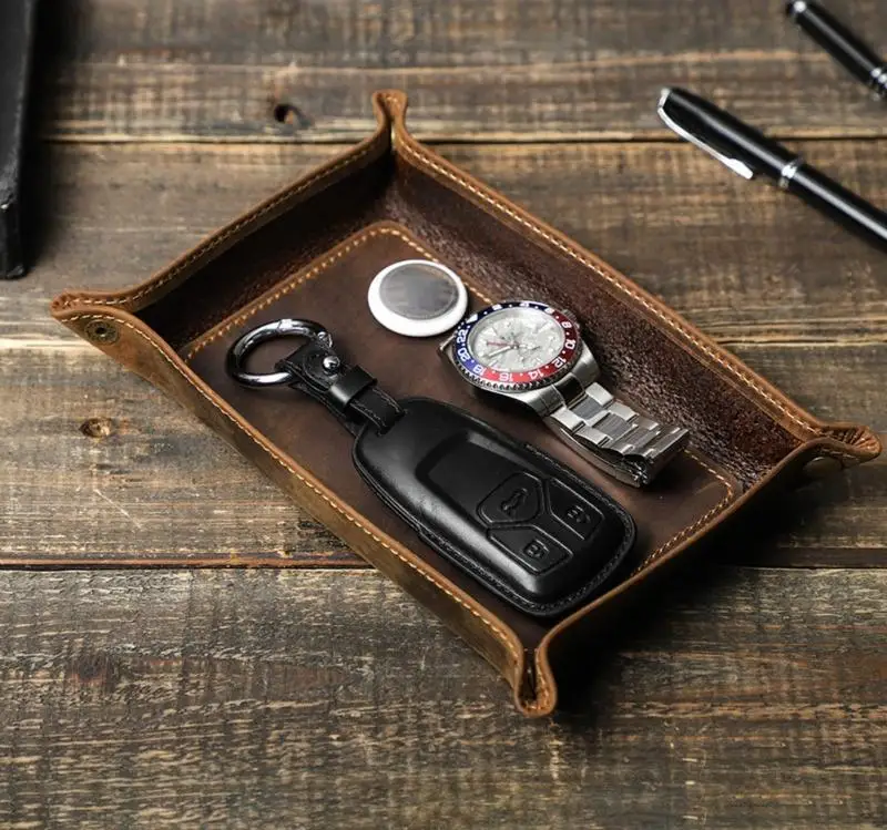 R7UF Multifunctional Horse Leather Tray Organiser for Desk Storage Home Decoration Jewelry Keys and Small Items