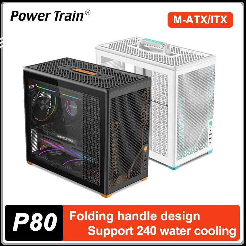 

Корпус для ПК Power Train P80 MATX, портативный, с боковой панелью из закаленного стекла, для систем водяного охлаждения 240 мм