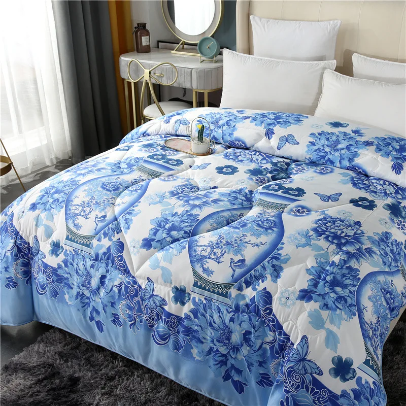 Elegant Blue And White  Silk Quilt Double Bed Comforter Flower Duvets 200x230 Blankets Free Shipping Quilting Cotton Fabric