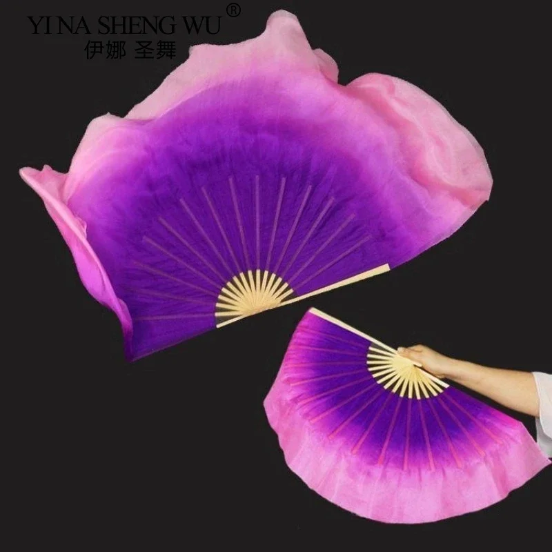 Éventails de danse du ventre Double face, violet rose dégradé de couleurs, accessoires de danse de Performance classique pour danseurs, éventail en soie véritable, 1 pièce