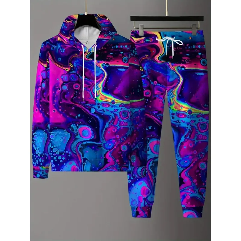 2025 الخريف/الشتاء الرجال والنساء الإبداعية ثلاثية الأبعاد الملونة قوس قزح السماء المطبوعة الرياضة سوبر كبير هوديي فستان أطفال مع سروال داخلي #3