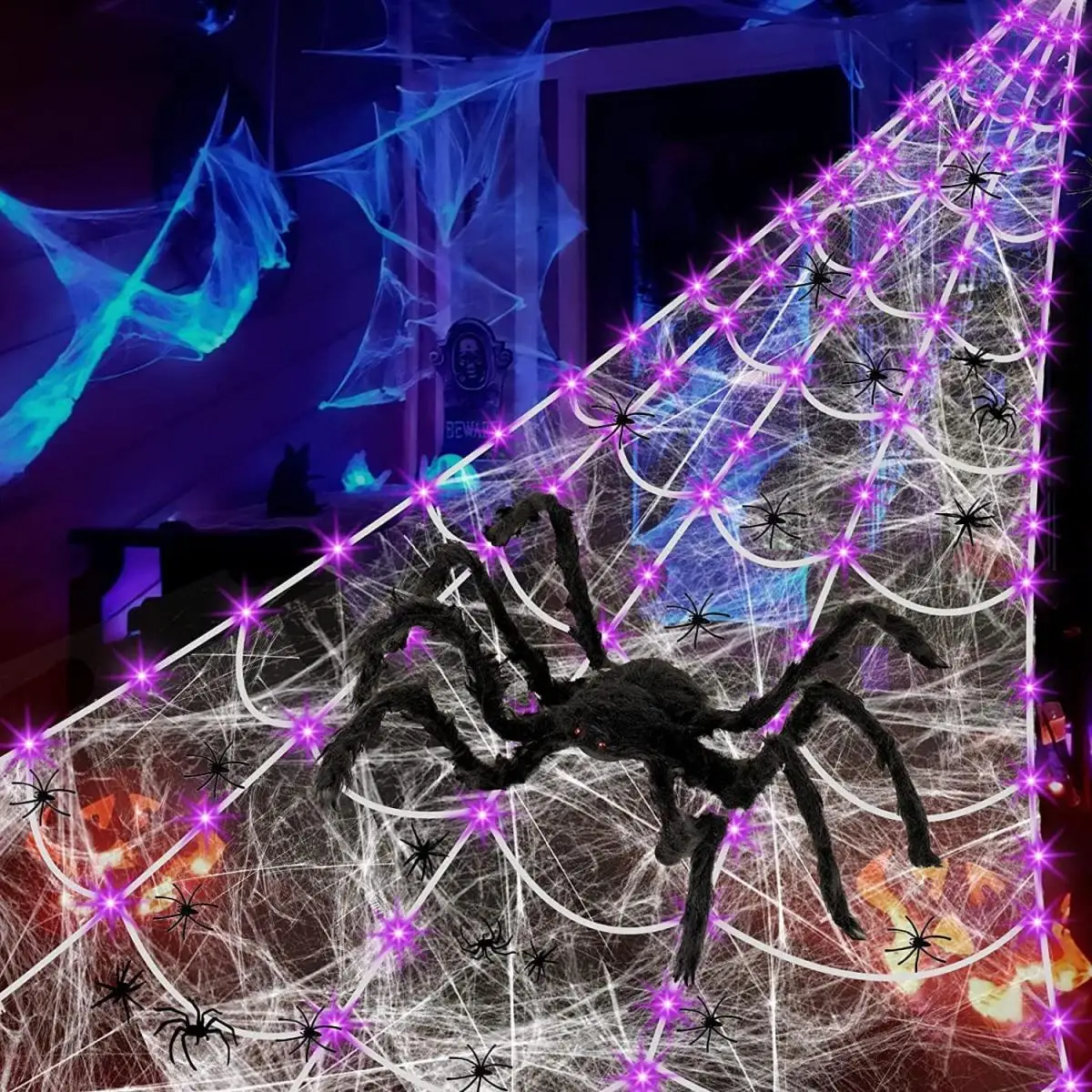 1 Pack Halloween Spider Outdoor Decoration Net Lights Including Giant Spider Web And 200LED Purple String Light For Home Decor