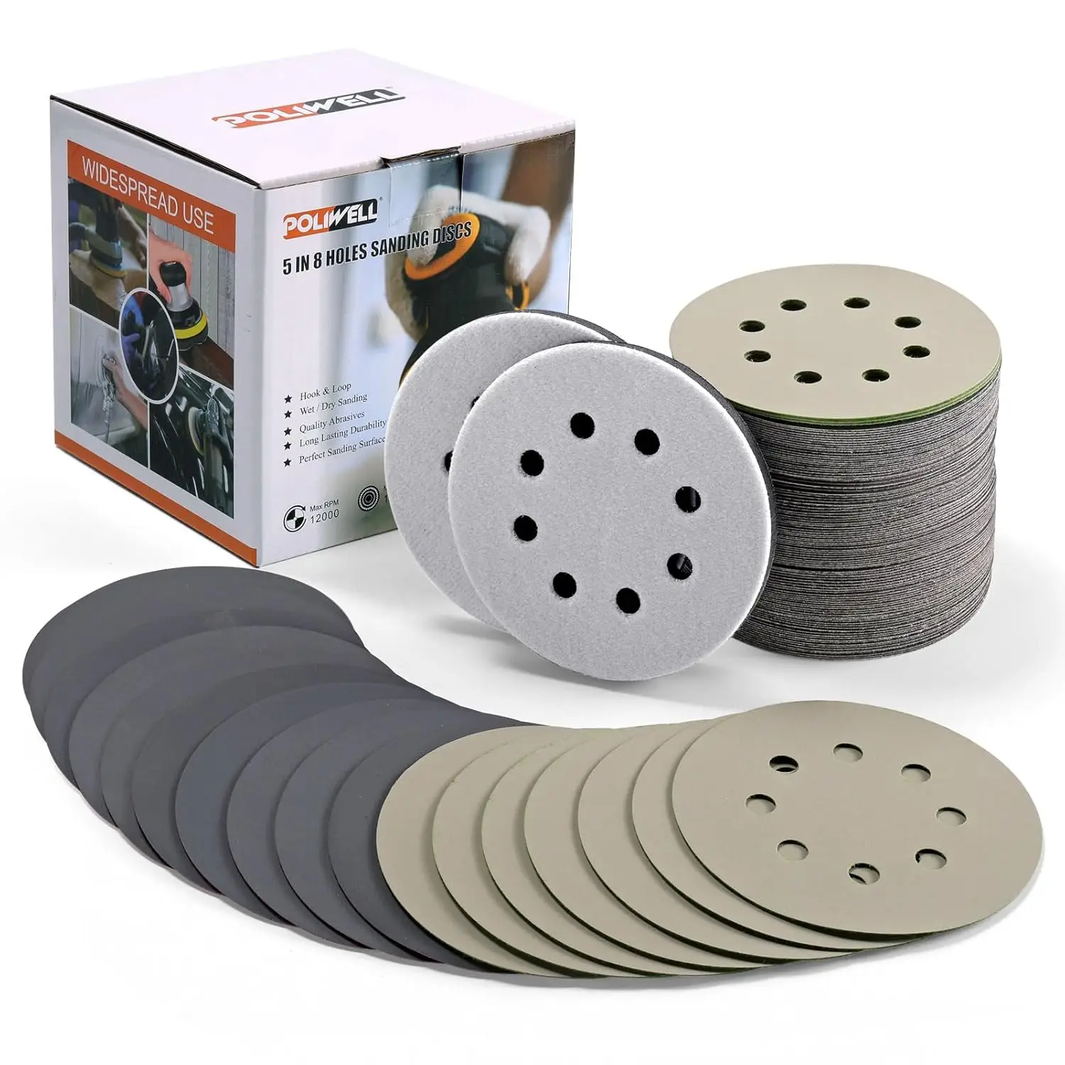

120pcs 5 Inch Sanding Discs Hook & Loop Wet Dry Grits 320-3000 with Interface Pads, Silicon Carbide Round Flocking Sandpaper