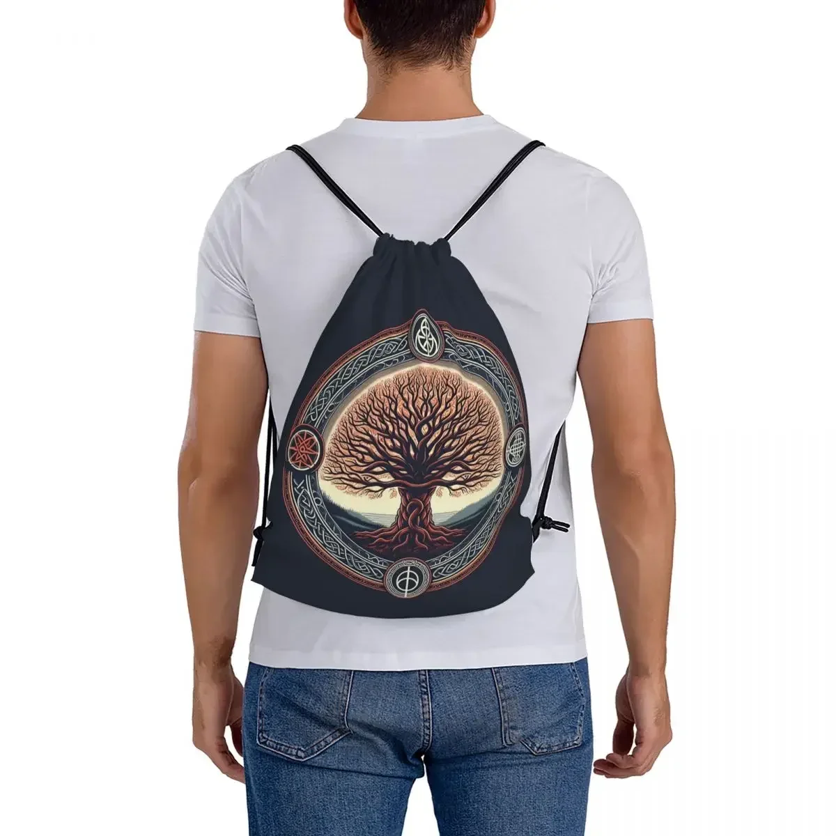 Celtic "Árbol de la vida" 1 mochila portátil con cordón, paquete de cordón, bolsa de zapatos de bolsillo, bolsa de libros para estudiantes de viaje