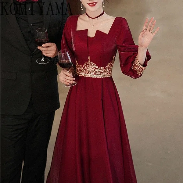 Customized Square Collar Long Sleeve Evening Dress Slim Waist Appliqué Elegant Sequined Prom Dresses Simple Temperament Wed Part