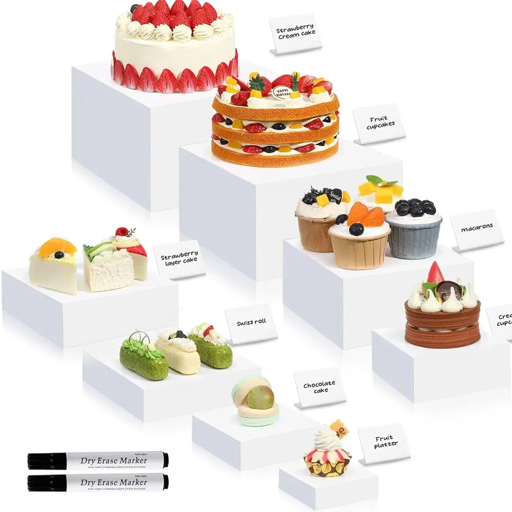 

8 Pieces White Acrylic Risers Display Stands And 8 Signage 2 Markers, Cube Hollow Bot Buffet Risers For Table Display Catering