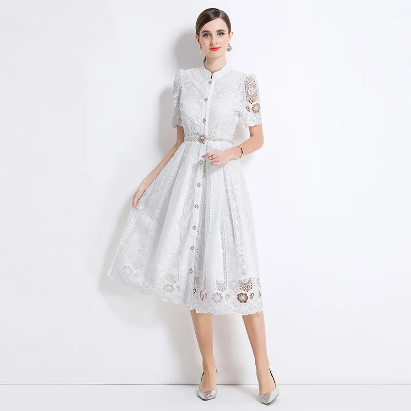 Dr di media lunghezza dimagrante con ricamo laser cavo Stampa lunga Sve Fibra di poliestere dr estiva lavorata a maglia da donna