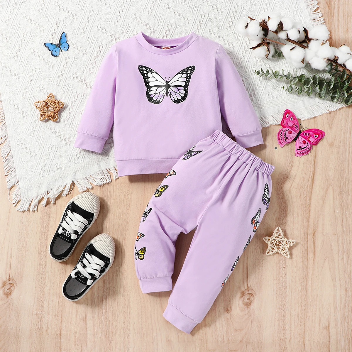 Butterfly printed long sleeved round neck top+fashionable butterfly printed pants baby girl set