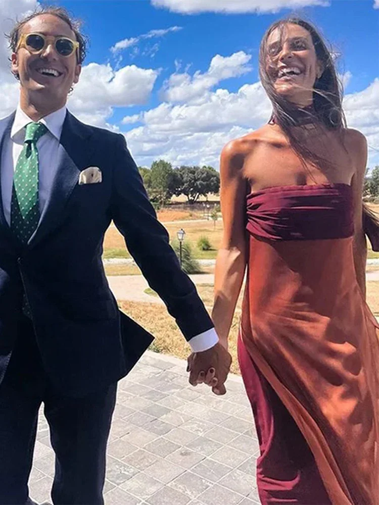 Vintage Satin Strapless Patchwork Dress Women Elegant Sleeveless Backless Ribbon Split Dresses 2024 Summer Lady Chic Party Robes