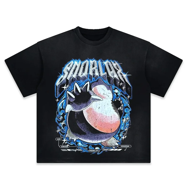 Bandai Men Women T-shirts Japanese Anime Pokémon Snorlax ＆ Charizard Graphic Clothing Harajuku Y2K Oversize 100% Cotton Tops