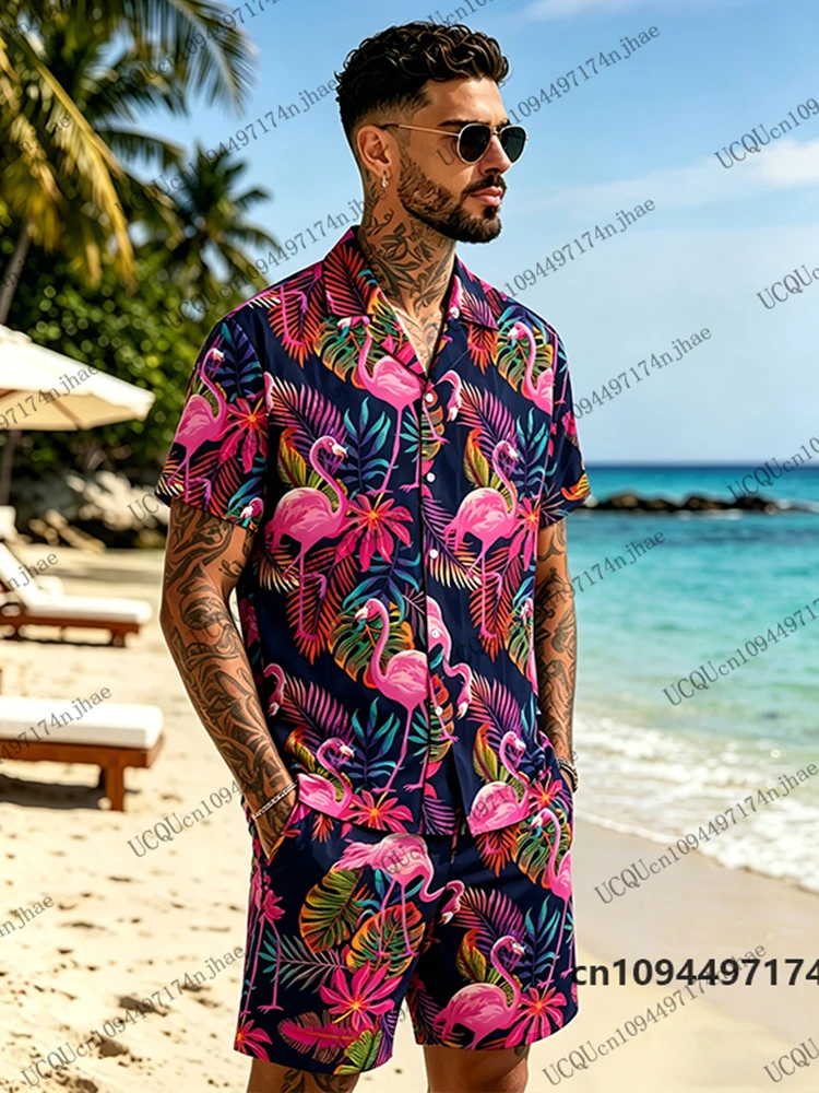 Summer Men's Tracksuit Leaf & Flamingo Print Lapel Short Sleeve Shirts+Shorts Set Hawaiian Casual Suit Oversized 2 Piece Clothes