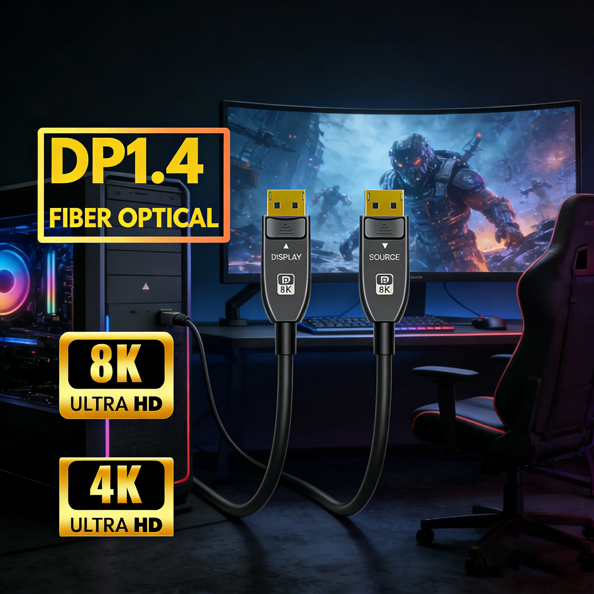 8K Fiber Optic DisplayPort Cable 1.4 Ultra HD 4K 144Hz 8K 60Hz HBR3 32.4Gbps Slim and Flexible DP Display Port 1.4 Cord 10m 15m
