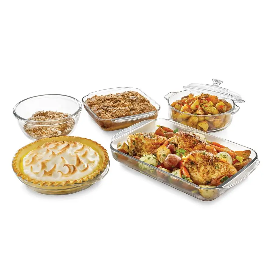 

Bakers Basics 5 Piece Glass Baking Dish Set with 1 Lid, Stackable, Clear Versatile Casserole Dish Set, Baking Glassware Set for