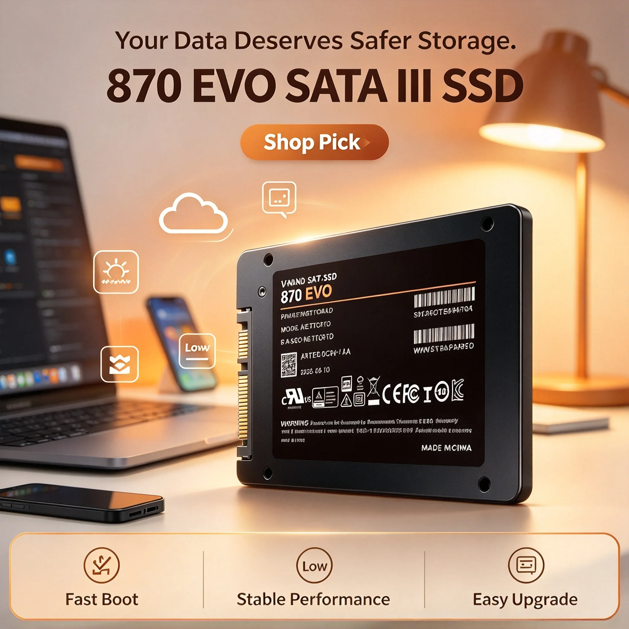 870 EVO SSD, Embedded Solid State Drive, SATA III, 2.5-Inch, Quick Read Write, Microcomputer, PC, Laptop, Stable Performance.