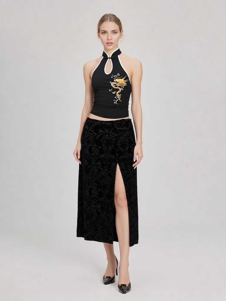 Harajuku Aesthetics Dragon Print Hollow Classic Neck Hanging Vest Fashion Sexy Spicy Girl Slim Stand Up Collar Waist Women's Top