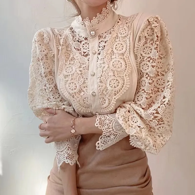 Elegant Women Pleated Blouse Hollow Out Floral Lace Button Turtleneck Shirt Fashion Fluffy Femme Tops Blouses