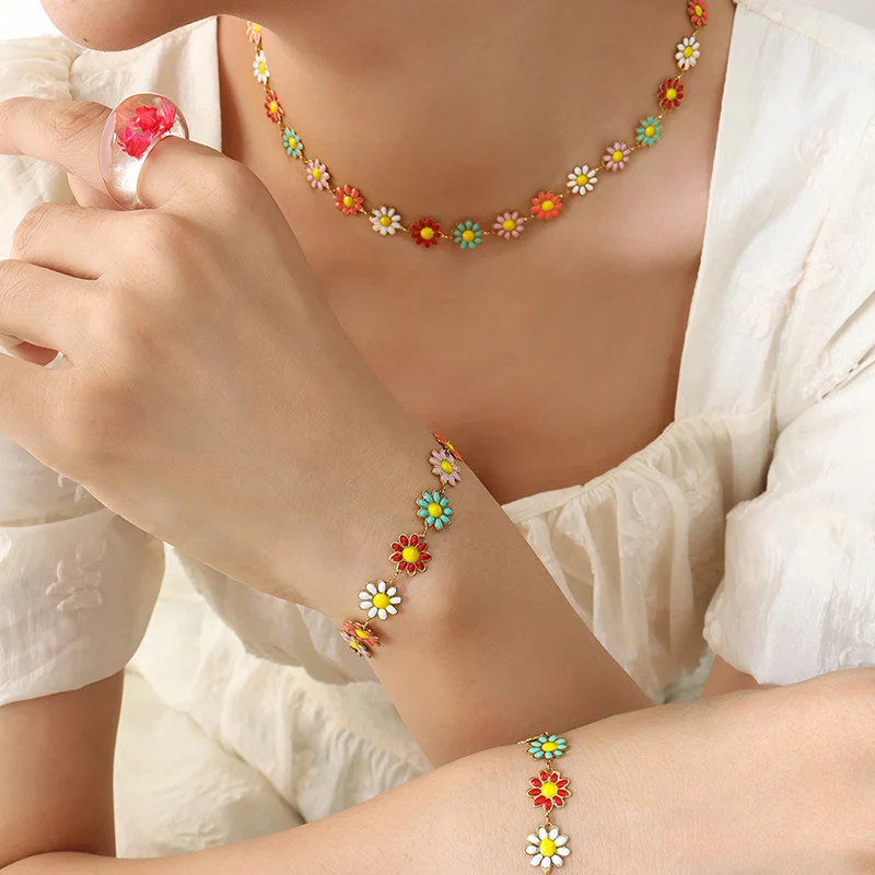 Colorful  Flower Choker Necklaces for Women Beads Chain Clavicle Necklace Female Boho Jewelry Wedding Gift