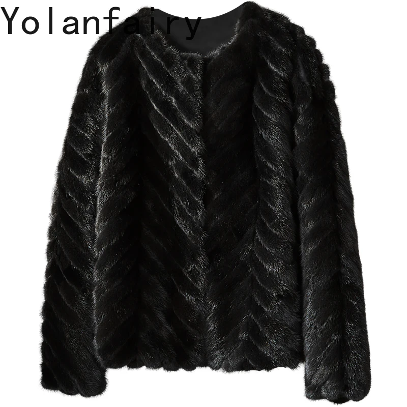 YOLANFAIRY سترة الفرو الحقيقي المرأة الخريف الشتاء الربط قطع معطف فرو المنك امرأة س الرقبة موضة مخطط معاطف الفرو الأسود