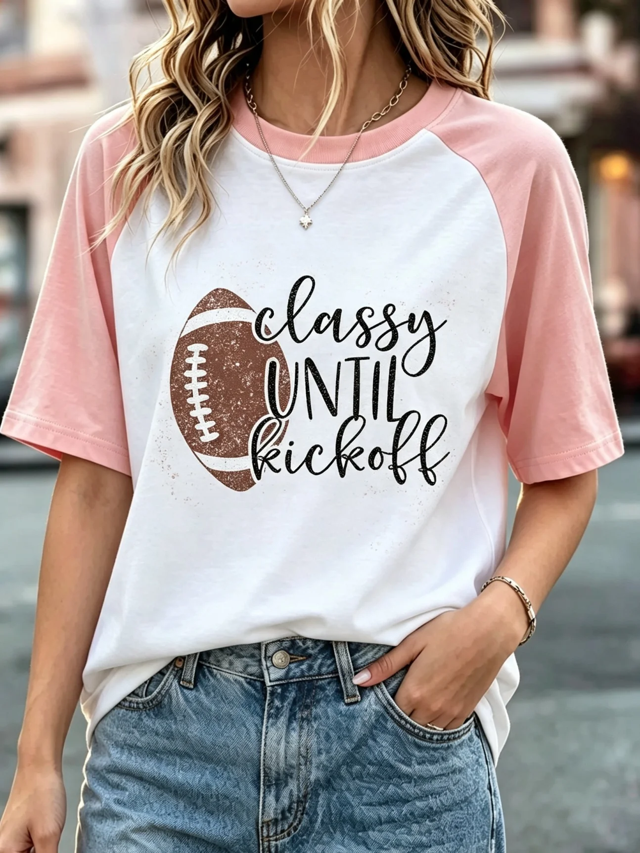 Vintage Distressed Brown Football Graphic Raglan T Shirts, Classy Until Kickoff Letter Print Color Block Contrast Short Sleeve Women Game Day Casual Tees