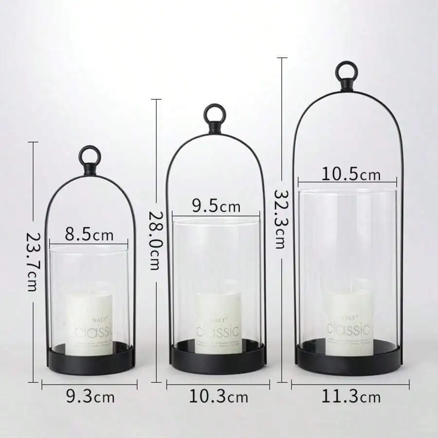 1 Set Of 3 Large, Medium, Small, Etc Metal Candle Holders In Black, Modern Minimalist Glass Lanterns With Handle, Mercury Glass
