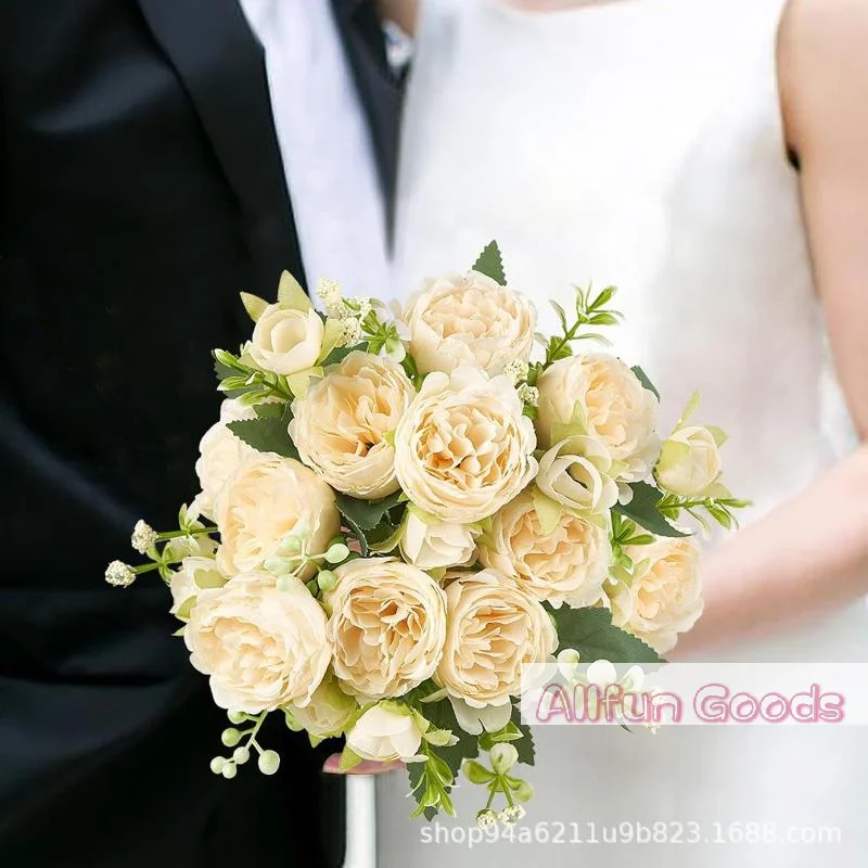 Rose Pink Peony Artificial Flowers Silk Bouquet 27heads Roses Fake Flower For Table Vase Arrange Home Wedding Decoration Flowers