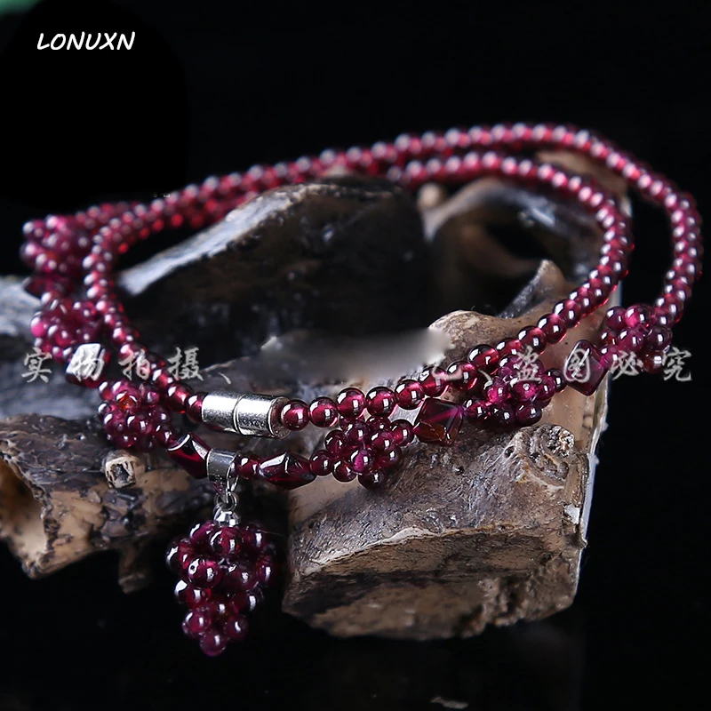 High Quality 925 Silver Natural Stones Purple 5A Garnet Necklace Pendant Girls Multi-layer Women Jewelry Choker Collar Gift